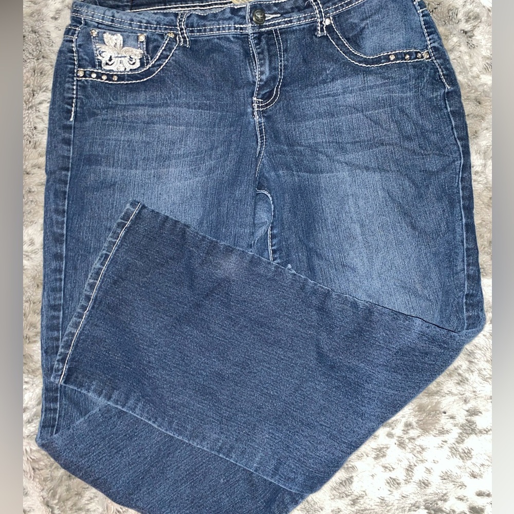 earl jean y2k embroidered cross bootcut jeans w/ rhinestones